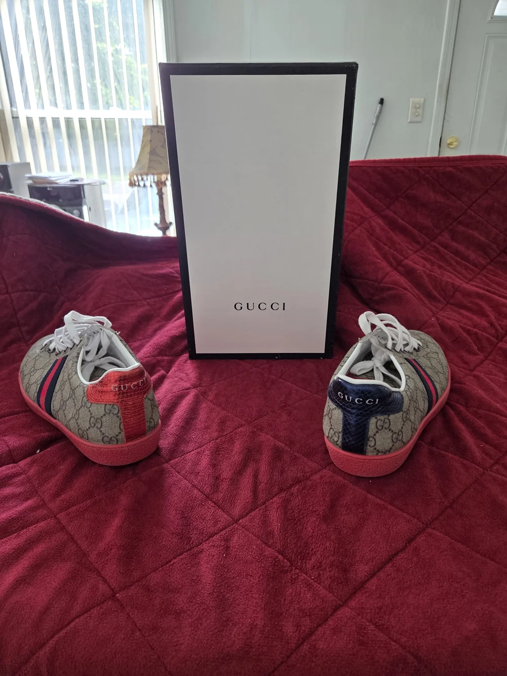 Gucci GG Supreme Canvas Low-Top Sneakers with Red Soles and Navy-Red Web